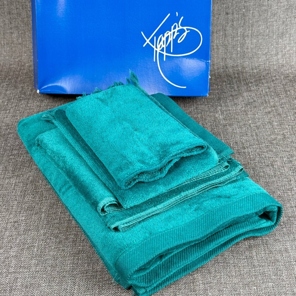 Fieldcrest Lustre Vintage 4 Piece Towel Set Teal Blue Green Cotton New Old Stock